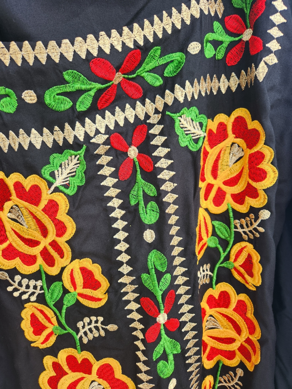 Black Mexican Embroidered Floral Tunic with Yellow & Red Accents - Picture 5 of 6